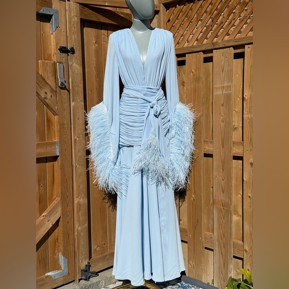 🆕 BRONX & BANCO 🧿 NWOT Geisha Feather-Trim Maxi Dress, Powder Blue - Sz M US 6 - Picture 10 of 16